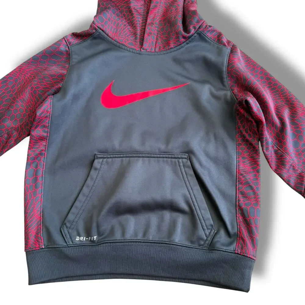 Nike Boys Gray Red Dri-FIT Hoodie Scales Print -‎ Size S 4-5 Kangaroo Pocket